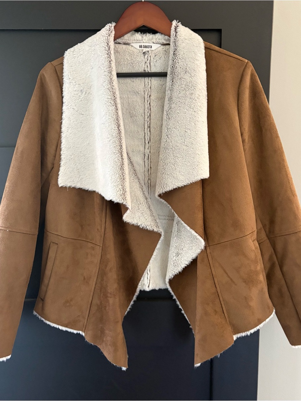BB Dakota Faux Suede Shearling Draped Jacket Brown Size M